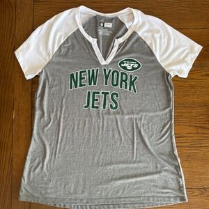 NFL Team Apparel NY Jets Tee Women‎ XL Gray Raglan V Neck Casual Sporty Y2K